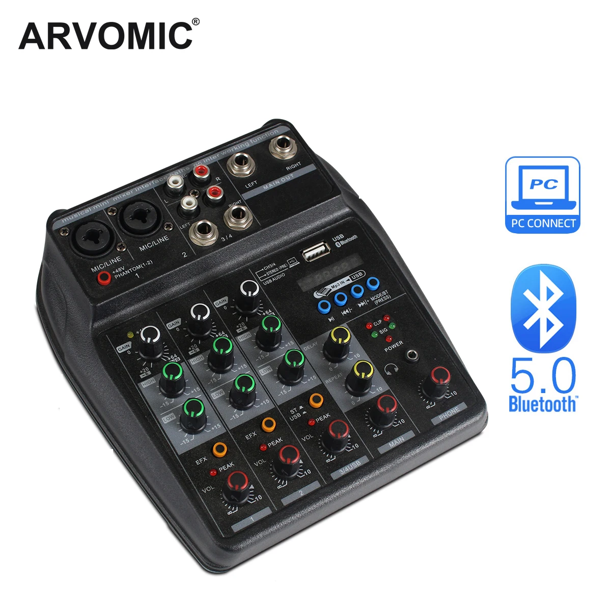 

4-Channel Audio Mixer with USB Interface DJ table Sound Mixer Bluetooth Record Console Mixing 48V Phantom Livehouse karaoke