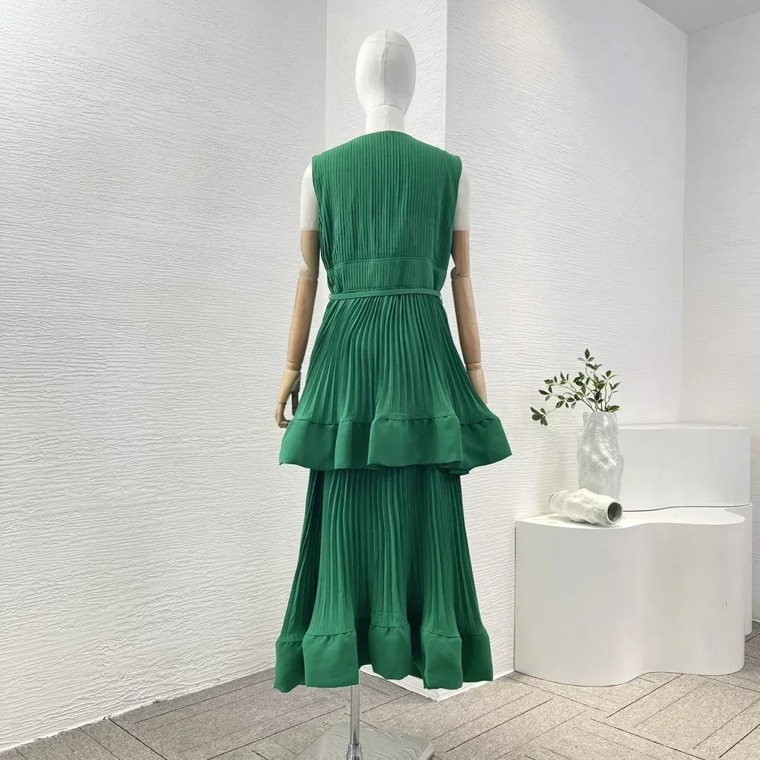 2024 New Arrivals Women Green Sleeveless Flouncing Deep V Neck Ruched Invisible Midi Dress side zipper closure