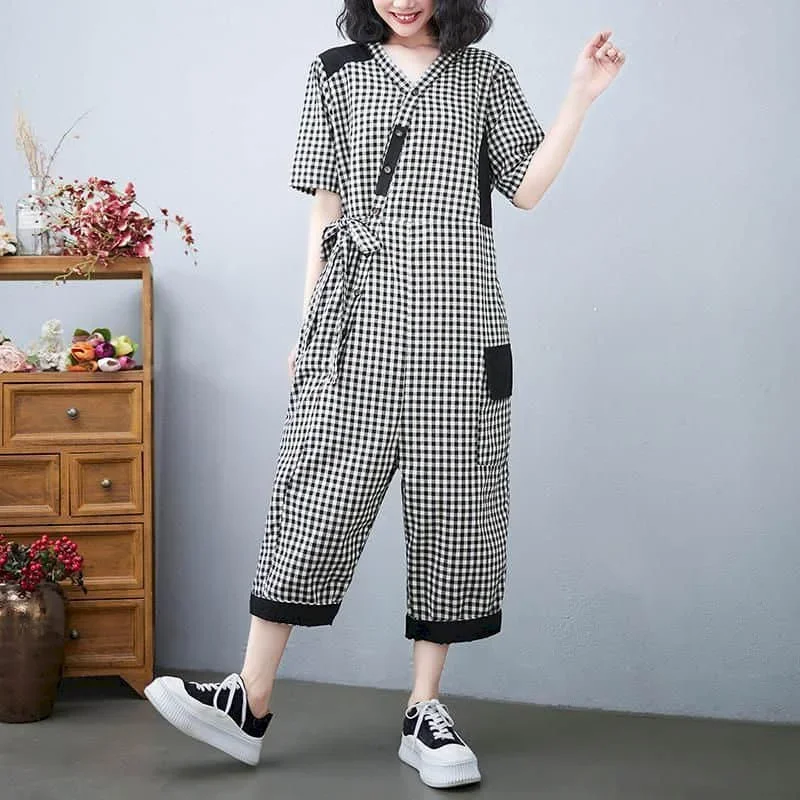 

Pop Oversize Jumpsuits Women Half Sleeve Plaid Playsuit One Piece Outfit Women High Waist Patchwork Pants Overalls For Women Clo