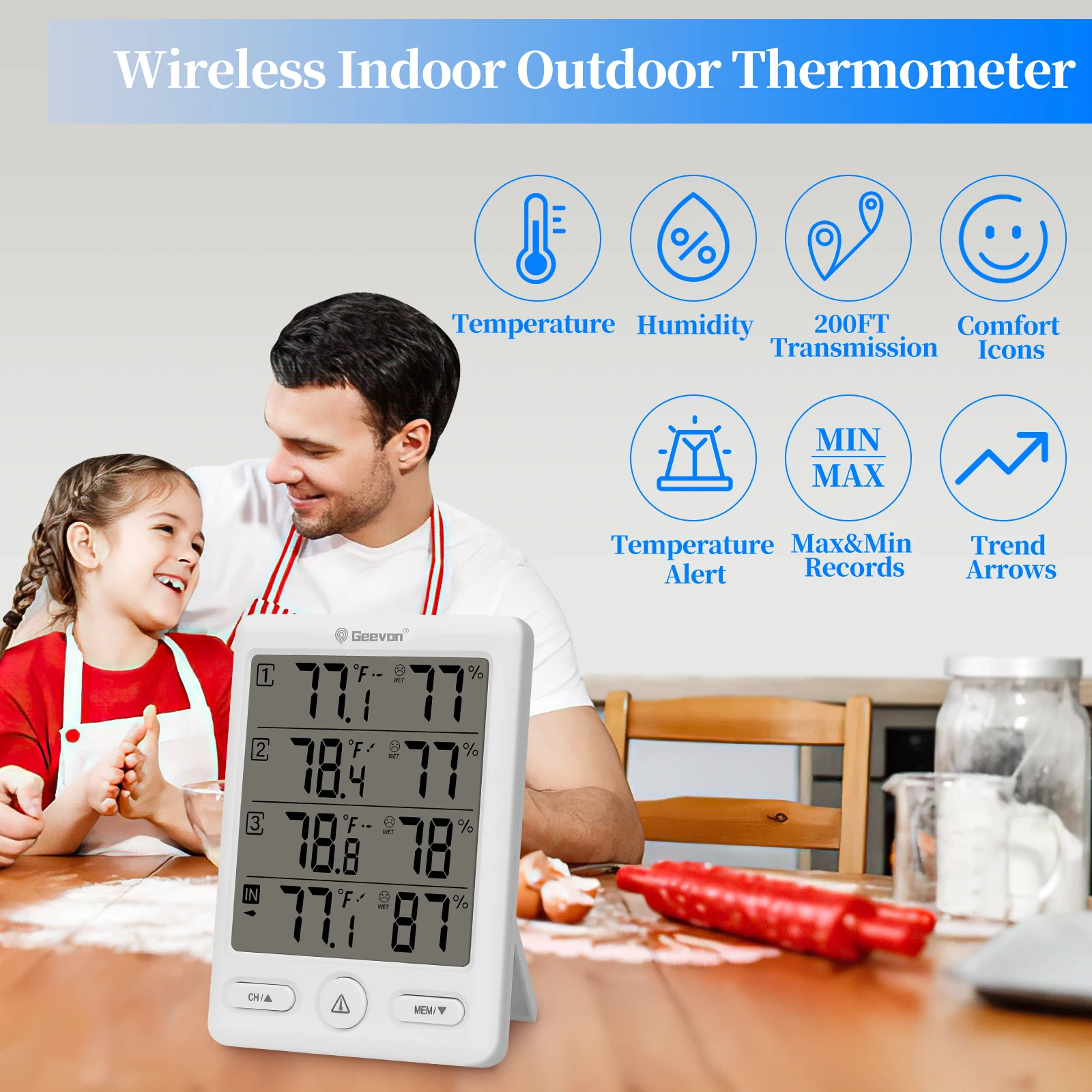 Geevon Indoor Outdoor Thermometer Wireless With 3 Remote Sensors, Digital Hygrometer Indoor Thermometer With 200FT/60M Range