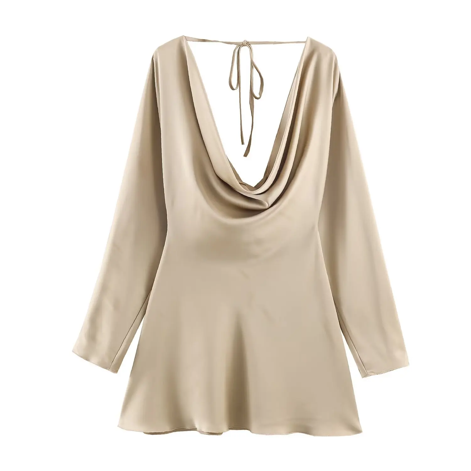 BSAY Satin Texture Pleated Collar Dress for Women Fashion Autumn Winter New Long Sleeves V-neck France Female Evening Dresses