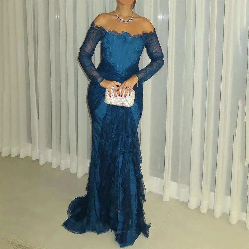Сексуальные темно-синие кружевные вечерние платья с открытыми плечами и длинными рукавами, плиссированные платья русалки для выпускного вечера по индивидуальному заказу فساتين سهرة Сексуальные темно-синие кружевные вечерние платья с открытыми плечами и длинными рукавами, плиссированные платья русалки для выпускного вечера по индивидуальному заказу فساتين سهرة