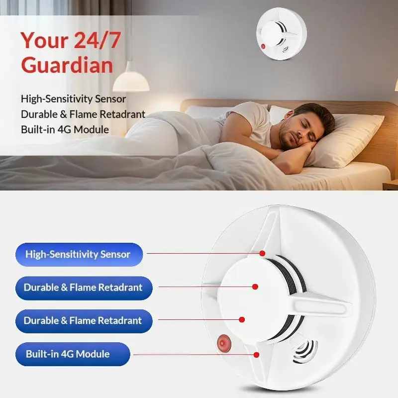 4G NB Smart Smoke Detector Real Time SMS Mobile Alert High Sensitivity Fire Alarm for Cafe Restaurant Safety