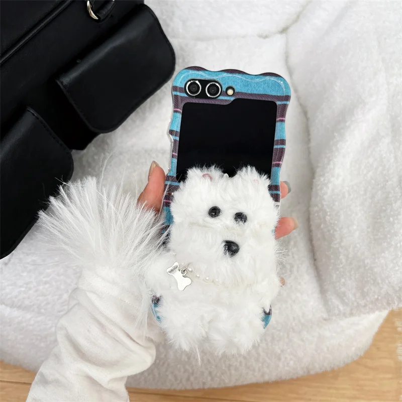 For Samsung Galaxy Z Flip 6 5 4 3 Case Z Flip6 ZFlip 6 ZFlip6 3D Plush Dog Lanyard Wave Shockproof Cover