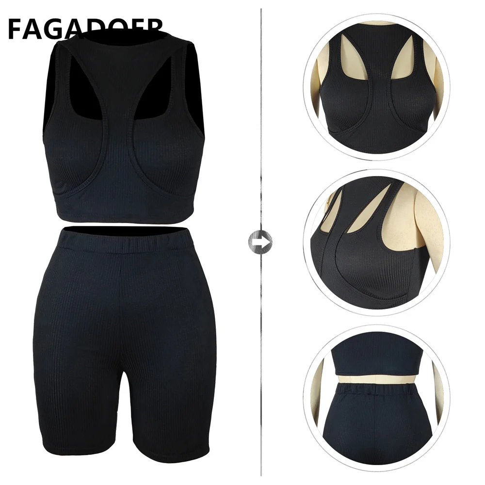 FAGADOER Casual Solid Color Ribber Two Piece Sets Women Sleeveless Crop Top And Biker Shorts Tracksuits Female Sport 2pcs Outfit