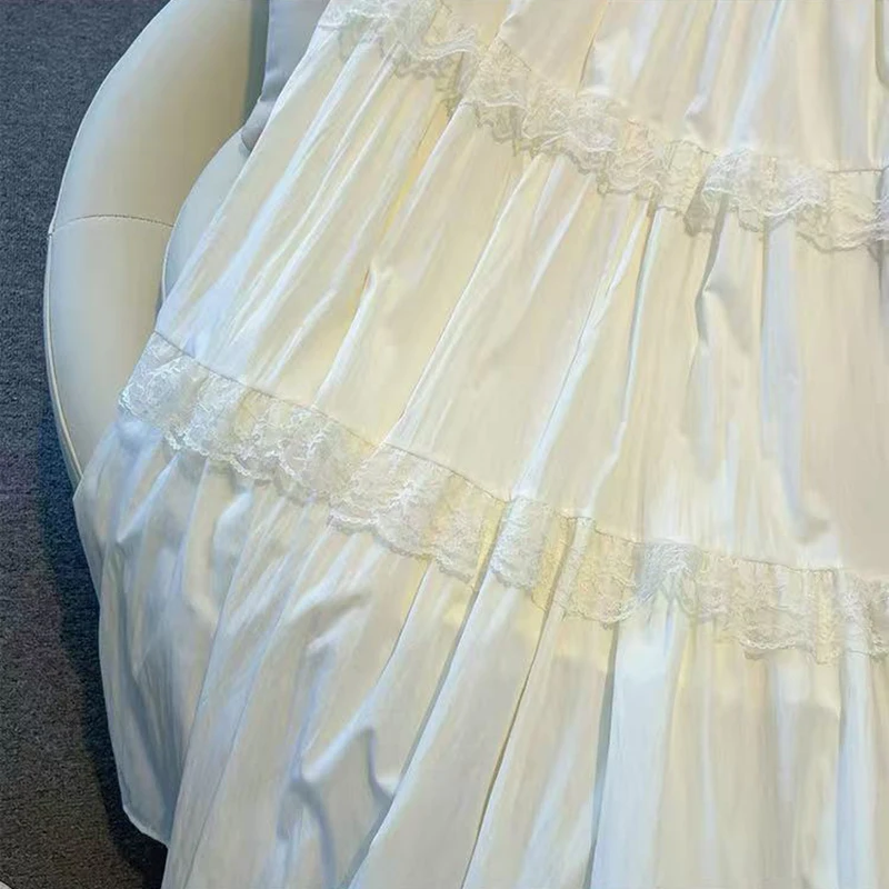 Renda retalhos branco midi saias para mulheres y2k solto elástico de cintura alta feminino babados uma linha saias coreano elegante saia mujer