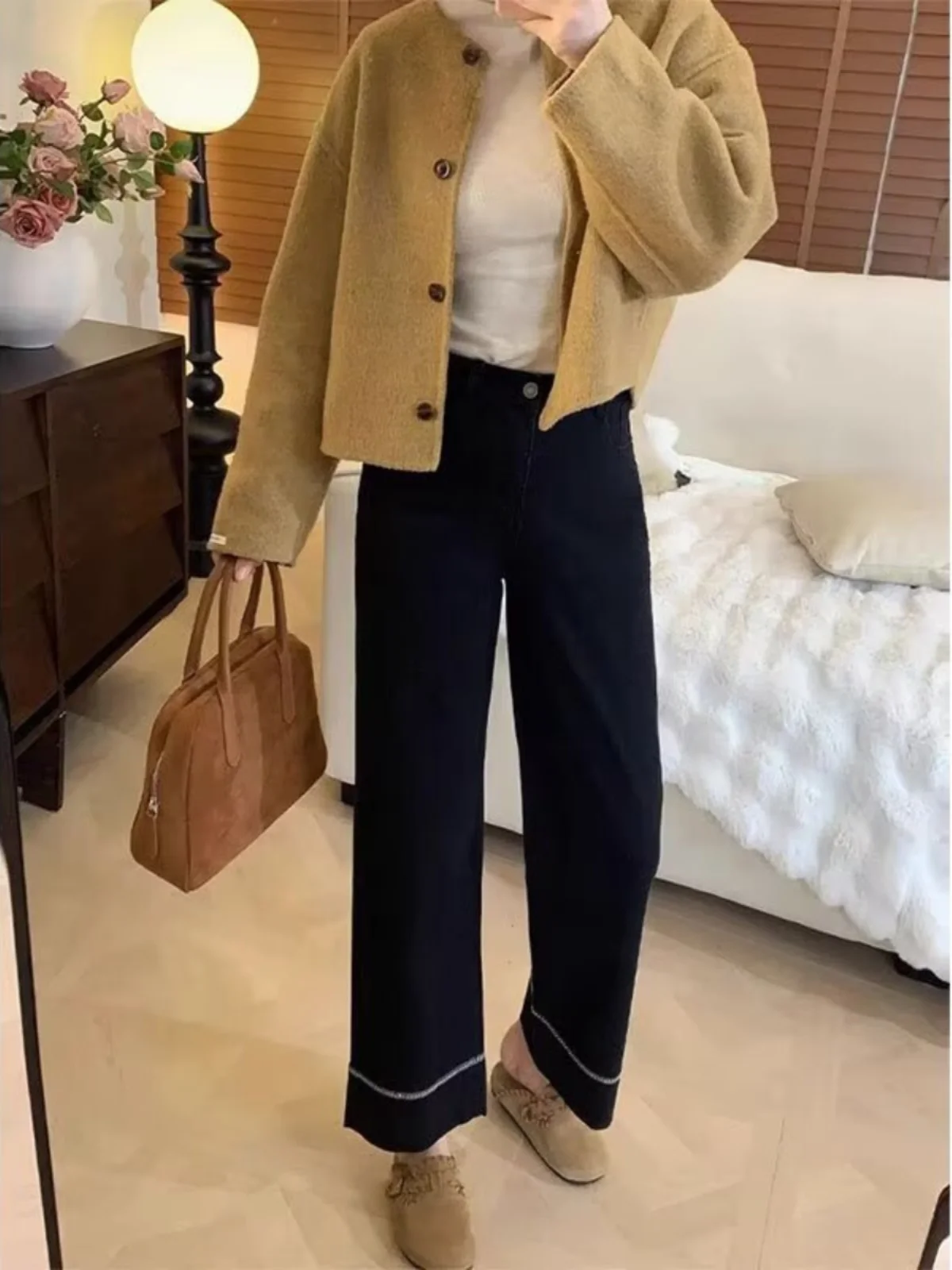 

High Waist Straight Leg Denim Jeans Women's Black Spring Autumn plus Size Loose Slimming Small Nine Point Smoke Tube Pants