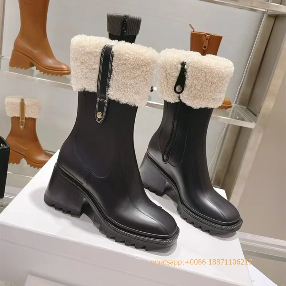 Oryginalne skórzane buty damskie z owczej wełny 2024 Jesień Nowa moda Casual Zipper Mid-Tube Rain Boots Gruba podeszwa Okrągłe buty rycerskie