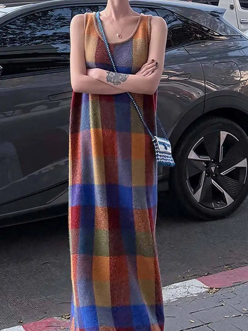 

Retro Plaid Vest Dress Color Block Loose Women's Dress Casual Elegance Long Skirt Spring Summer New Style Chinese Trend Long ...
