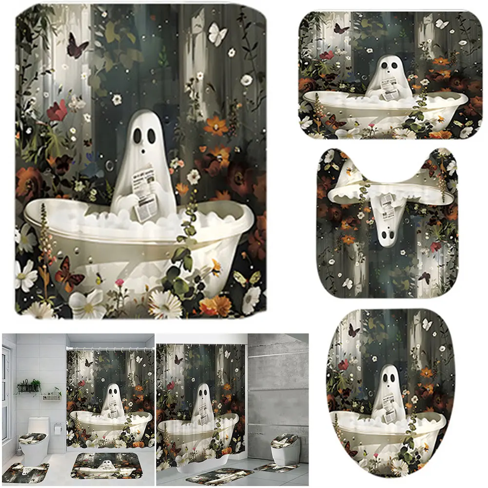 1/4pcs Cute Ghost Shower Curtain Cartoon Fabric Spooky  Halloween Shower Curtain Home Bathroom Decor Set Rug Toilet Cover