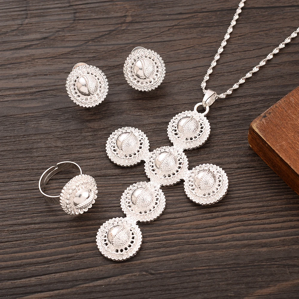 Tai Chi Pattern Silver Plated Vintage Dubai African Cross Jewelry Set Women Men Charms Necklace Earrings Wedding  Gifts