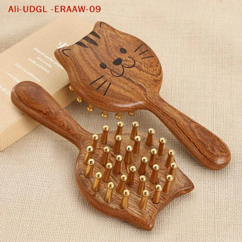 

Durable Kitten Shape SPA Gua Sha Tool Brass Head Sandalwood Massage Comb Long Wooden Handle Sturdy Meridian Point Massager Brush
