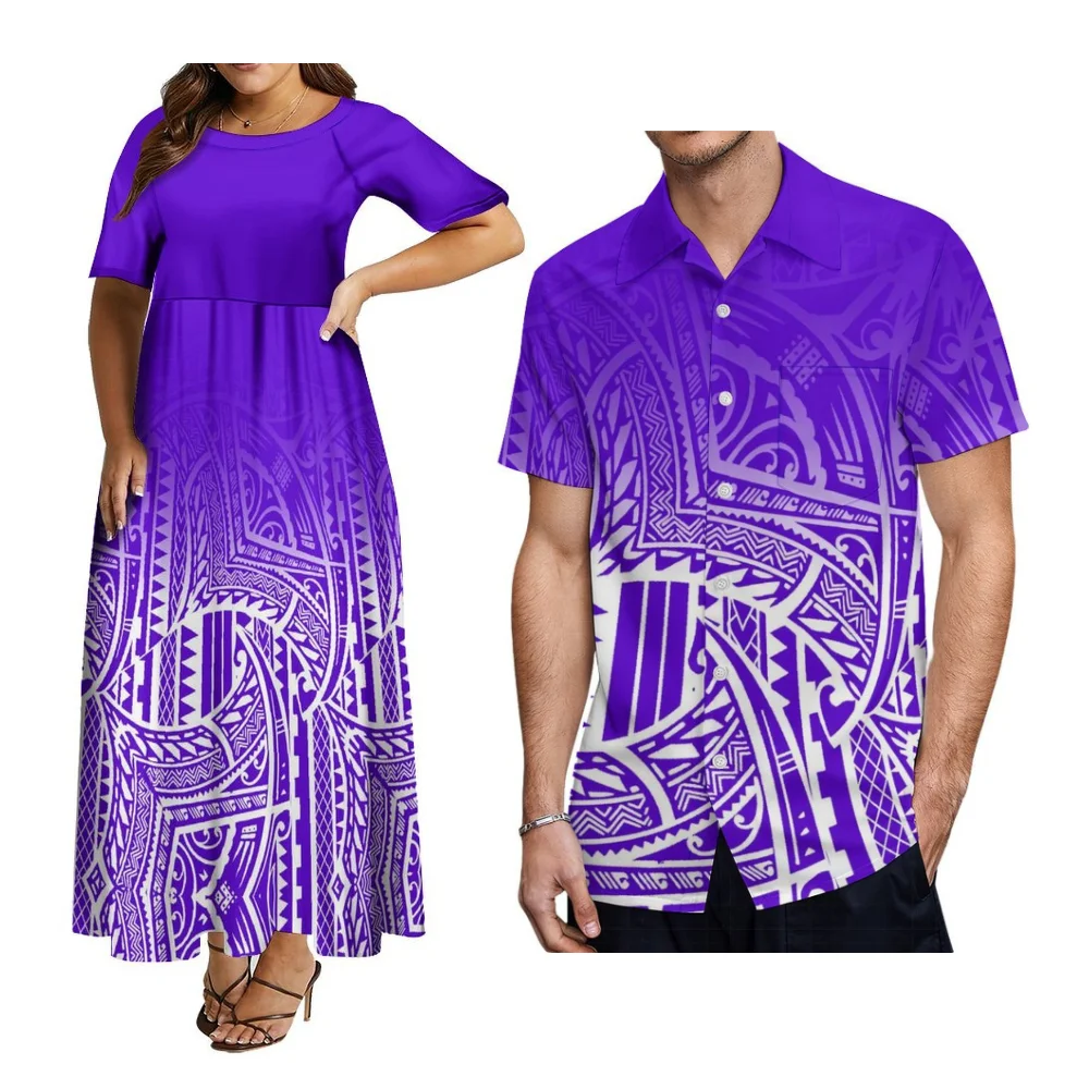 Conjunto de casal com padrão retrô da ilha de arte do pacífico, festa do festival samoano, vestido feminino com gola redonda e camisa masculina, roupas plus size