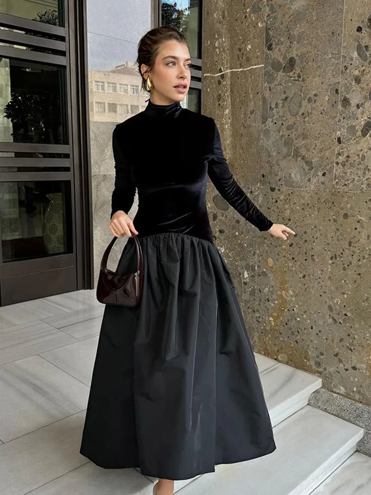 

Women Elegant Black Velvet Maxi Dress Chic Turtleneck Long-sleeved Patchwork High Waist A-line Robe 2024 Lady Club Party Dresses