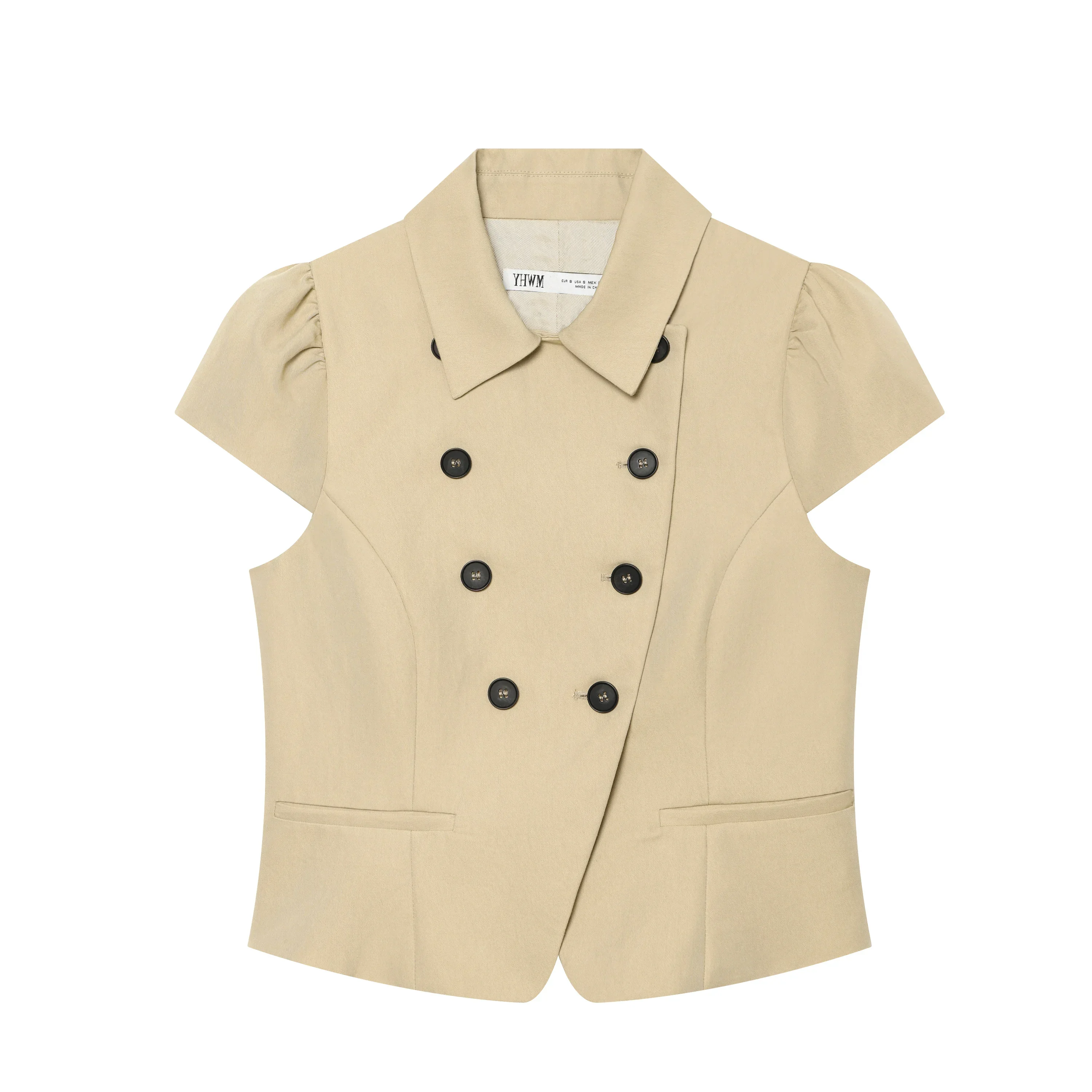 New Fashion Women Khaki Double Breasted Cropped Top Slim Fit Short Cap Sleeves Jacket Female Chic Lady Vintage Casual Coat Vest