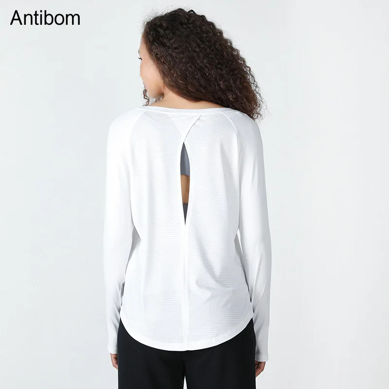 Antibom Women\'s Sports T-shirt Long Sleeve Round Neck Quick Drying Yoga Shirts Loose Sexy Hollow Back Fitness Gym Clothing