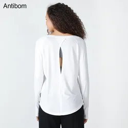 Antibom Women's Sports T-shirt Long Sleeve Round Neck Quick Drying Yoga Shirts Loose Sexy Hollow Back Fitness Gym Clothing