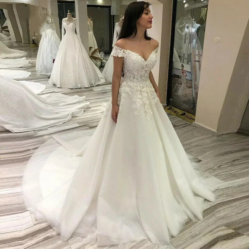 

GUXQD New Ball Gown Women Wedding Dresses Elegant Off Shoulder V-Neck Appliques Bridal Gowns Court Train Vestido De Noiva