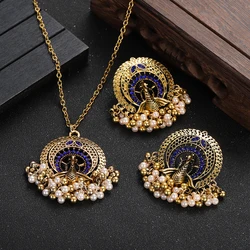 Classic Etnische Vergulde Pauw Ketting/Oorbel Set Vrouwen Vintage Geometrische Party Charm Sieraden Accessoires Voor Meisjes Geschenken