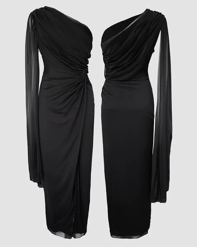 

Womens Dresses New One Shoulder Asymmetrical Mesh Cloak Sleeve Ruched Twist Waist Evening Dress Waist Gathered Slit Party Dress