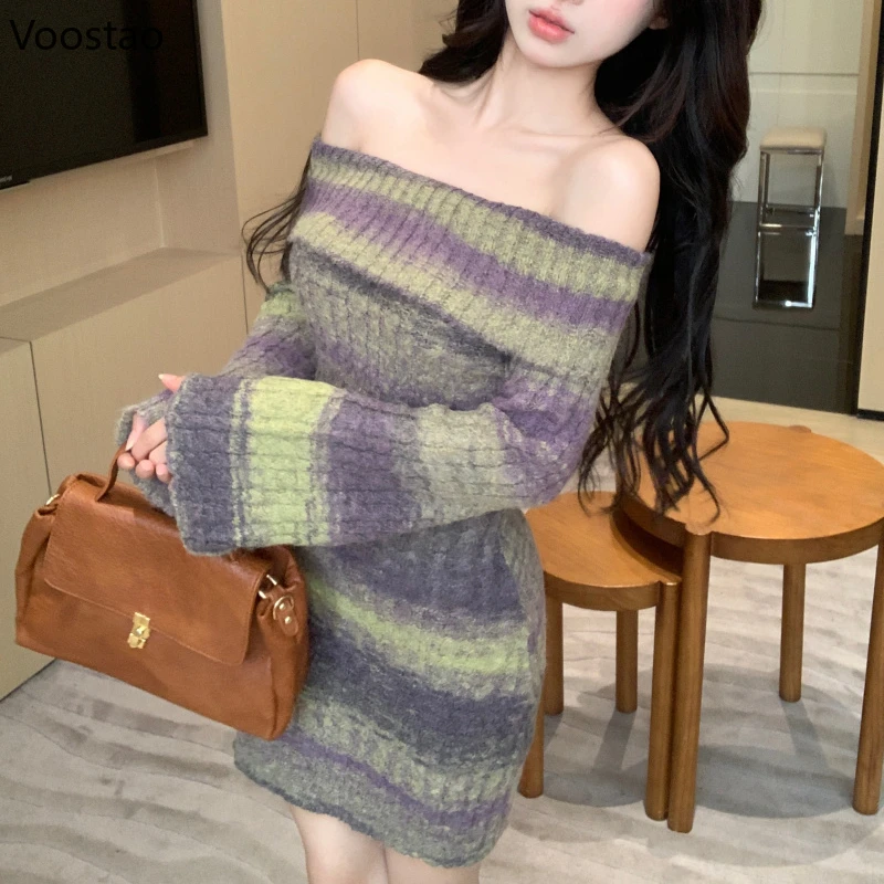 Autumn Winter Off Shoulder Knitted Dress Women Korean Style Mini Corset Dresses Gyaru Sexy Tie Dye Long Sleeve Bodycon Sweater