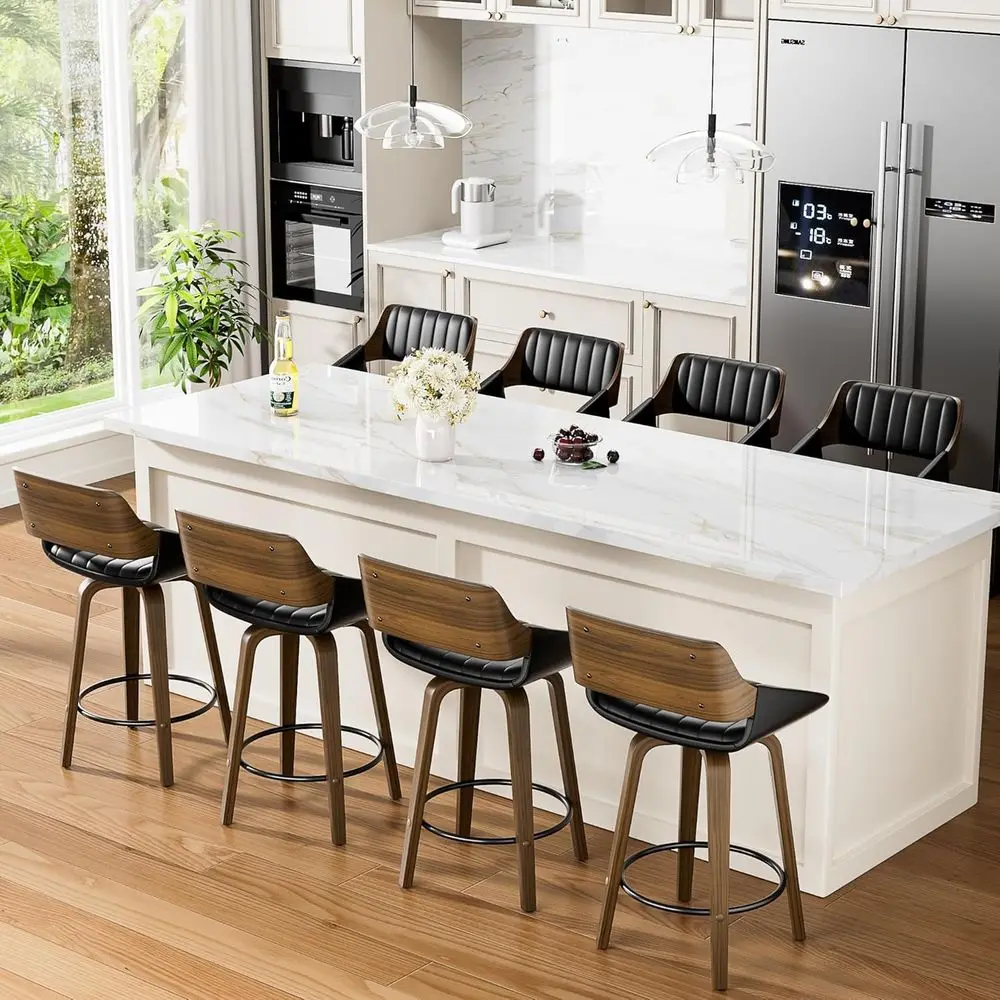 Set di 2 26 sgabelli da bar girevoli, similpelle imbottita, design in legno curvato per altezza bancone, adatto per isola cucina o dinin