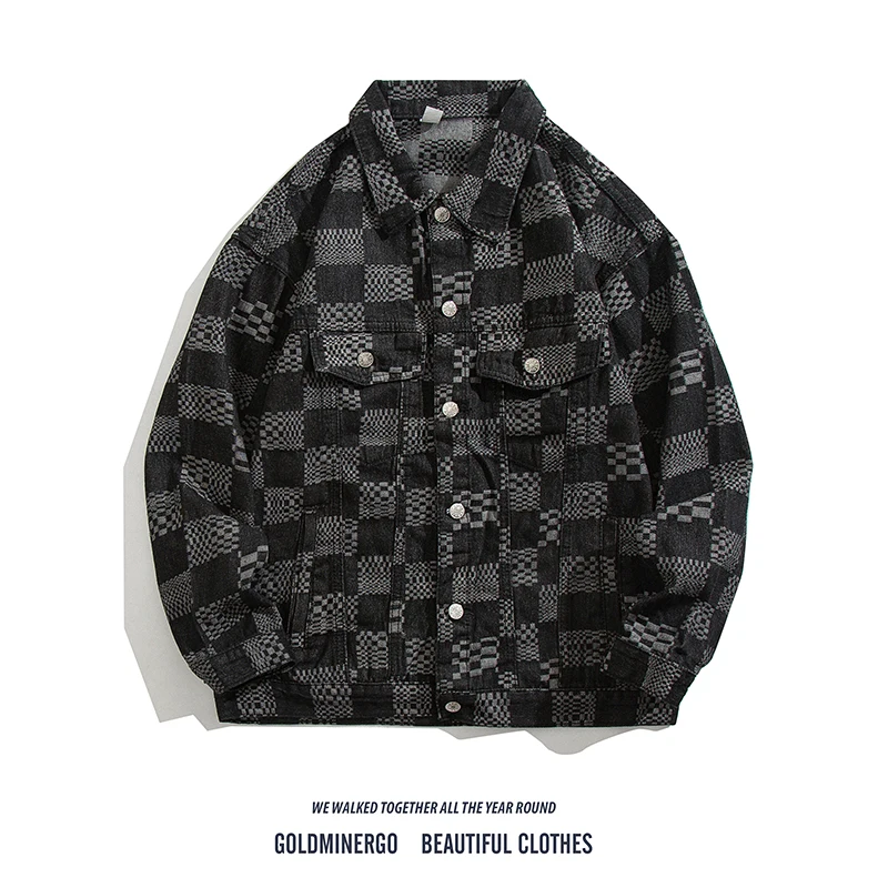 

Trendy Street Sle Plaid Denim Jaet for Men Loose Casual Harajuku Workwear Jaet Long Sve Autumn Outerwear