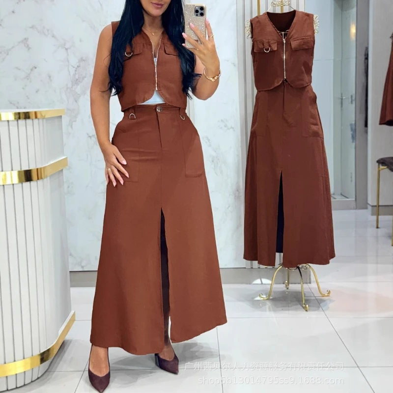 

Two Piece Sets Women Dress Skirt Set Matching Sets Zipper Vest Tops Long Skirts High Waist Casual Y2k Streetwear Elegant Work