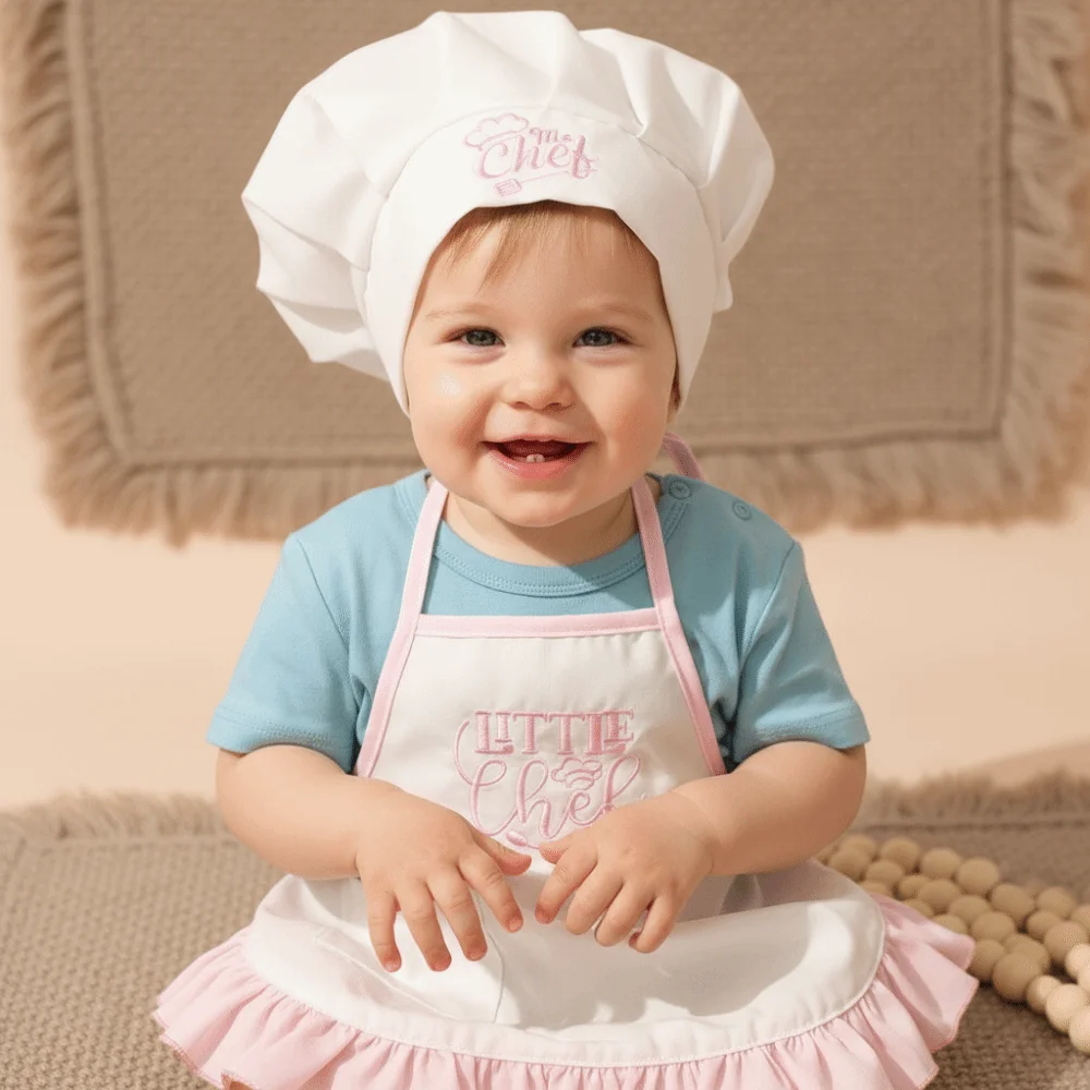 2Pcs/Set Soft Newborn Photography Clothes Cute Embroidered Bbay Photography Props Set Polyester Aprons Chef Hats Set