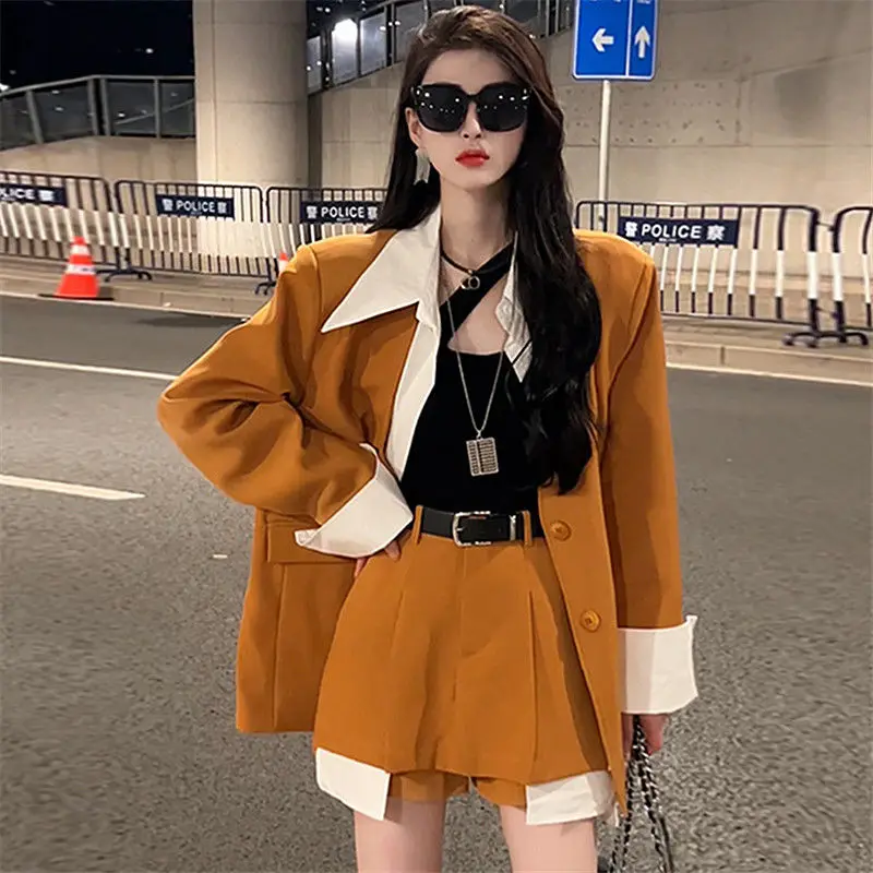 Spring and Autumn New Style Style Fake Two Piece Combination Suit Coat Shorts Slimming Casual Two Piece Set for Women Short Sets