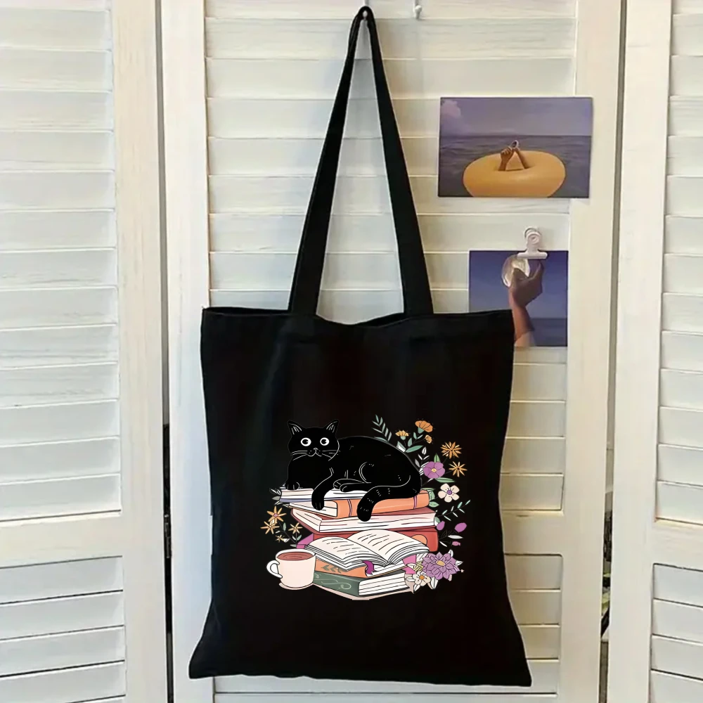 

Холщовая сумка-тоут с принтом «Черный кот» и книгами, большая вместительная сумка через плечо, с литературным узором «Бабочки/Кофе», сумка для студентов