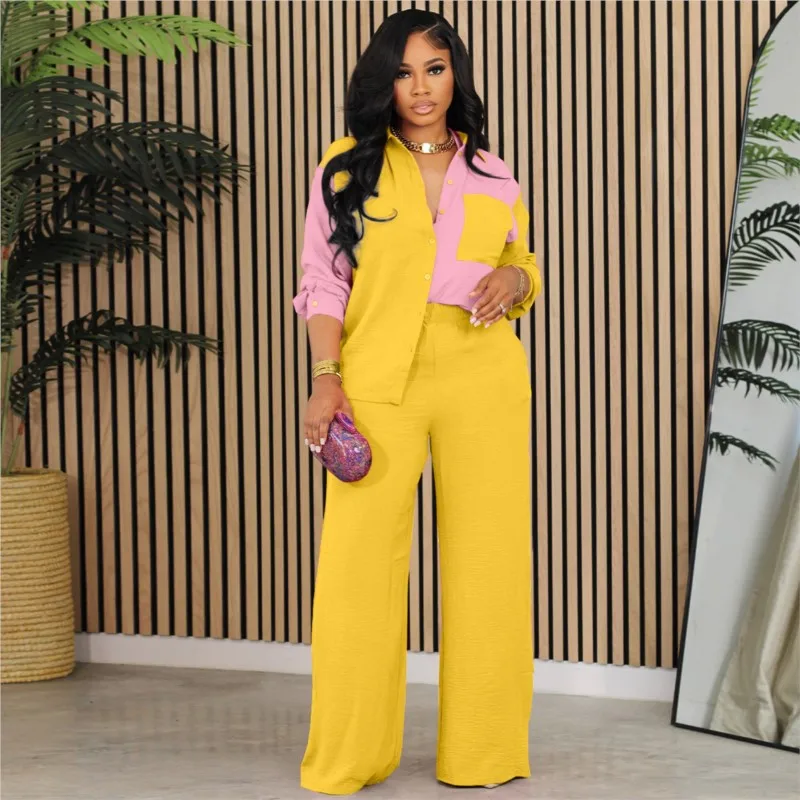 Autumn Winter Fashion Women\'s Set Long Sleeve Colorblocked Shirt $ Wide Leg Straight Pants New Two Piece Sets Outfits Tracksuit