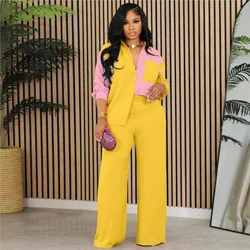 Autumn Winter Fashion Women's Set Long Sleeve Colorblocked Shirt $ Wide Leg Straight Pants New Two Piece Sets Outfits Tracksuit