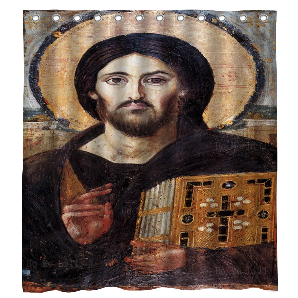 Orthodox Almighty Savior Pantocrator Jesus Of Sinai Icon Christ Sitting On The Throne Polyester Fabric Shower Curtain