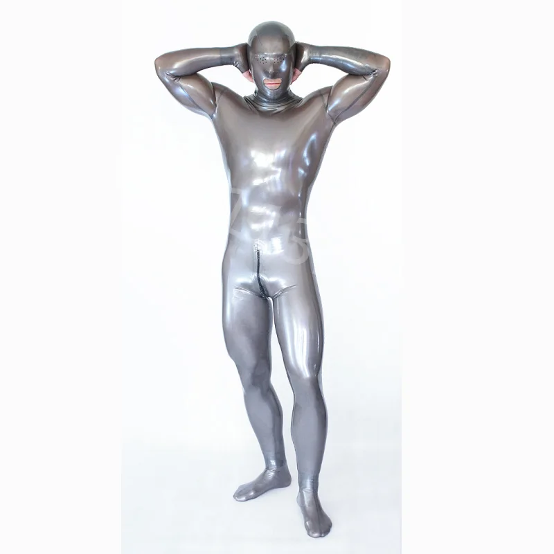 Sexy Silver Men\'s Latex Full Body Catsuit Hood Gloves Socks Open Mesh Eyes with Crotch Zipper Latex Bodysuit Neck Entry