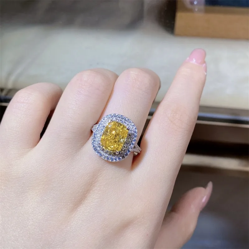 Shining U S925 Silver Radiant Cut Yellow Gems Ring for Women Fine Jewelry Party Anniversary Gift