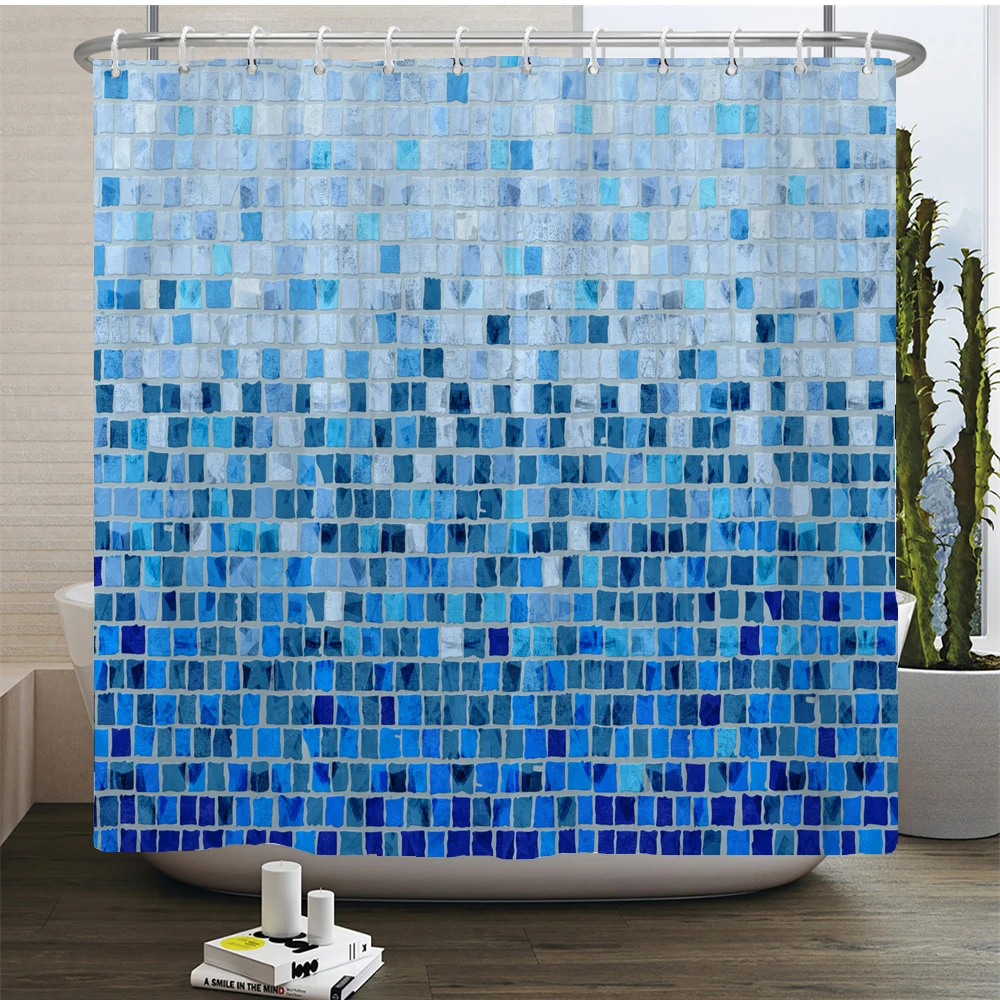 Modern Blue Mosaic Pattern Fabric Shower Curtain Set with Hooks Toilet Covers Seat Bath Mats for Bathroom Non-slip Rug Carpet