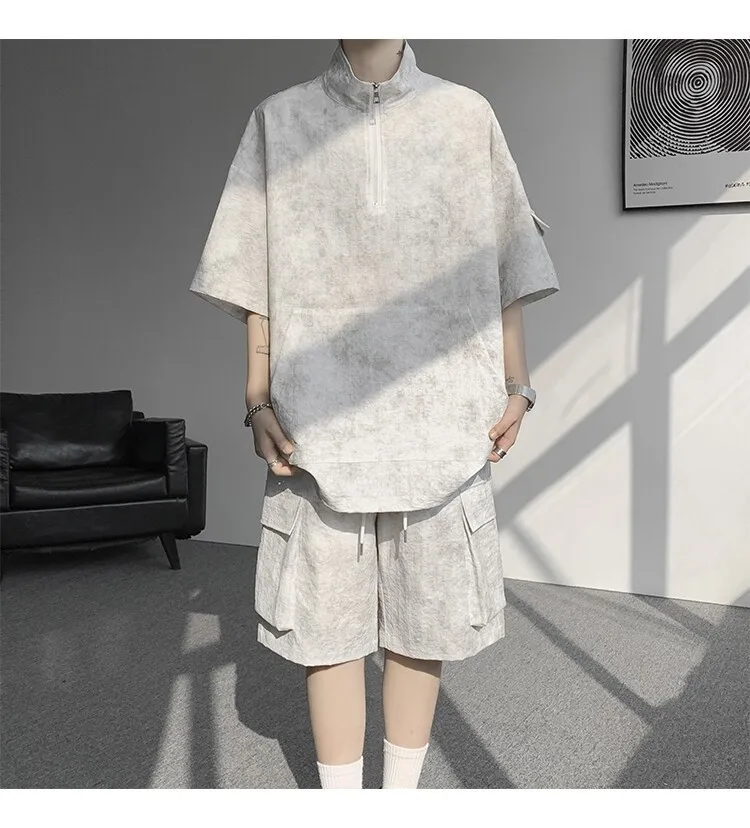 2026 Sommer Hong Kong Style Halb-Reißverschluss-Färbe-Set aus Eisseide mit Kühlfunktion, zweiteiliges Sportswear-Outfit im Hanfu-Stil mit kurzen Ärmeln – Detail 14