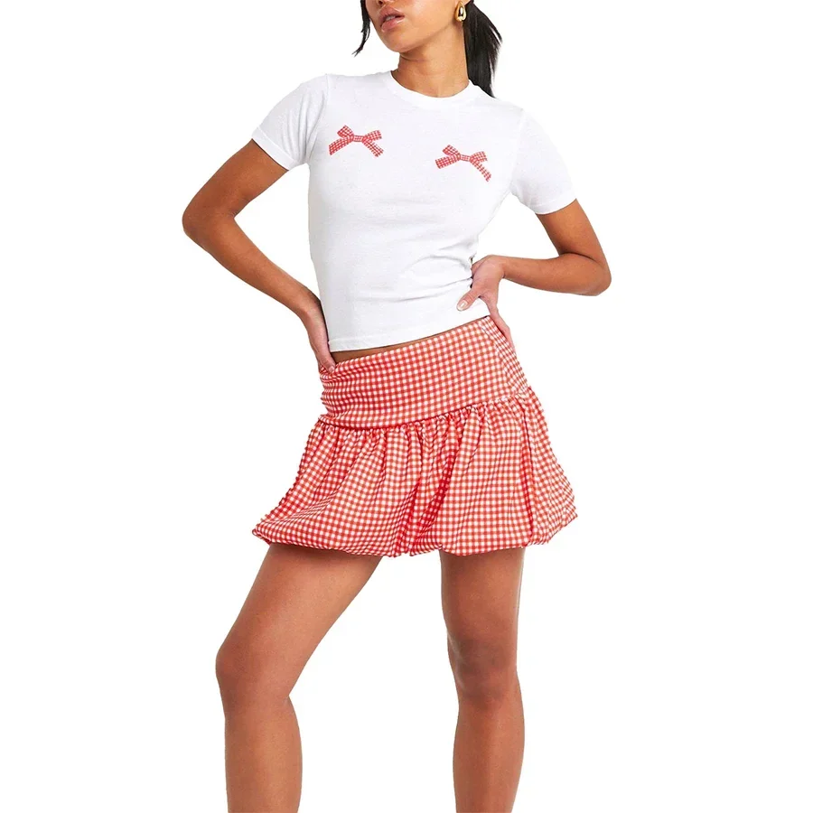 Women Bubble Mini Skirt High Waist Ruffle Flare Balloon Short Skirts Puffy Layered Pleated Skirt Y2k Gingham Skirts Streetwear