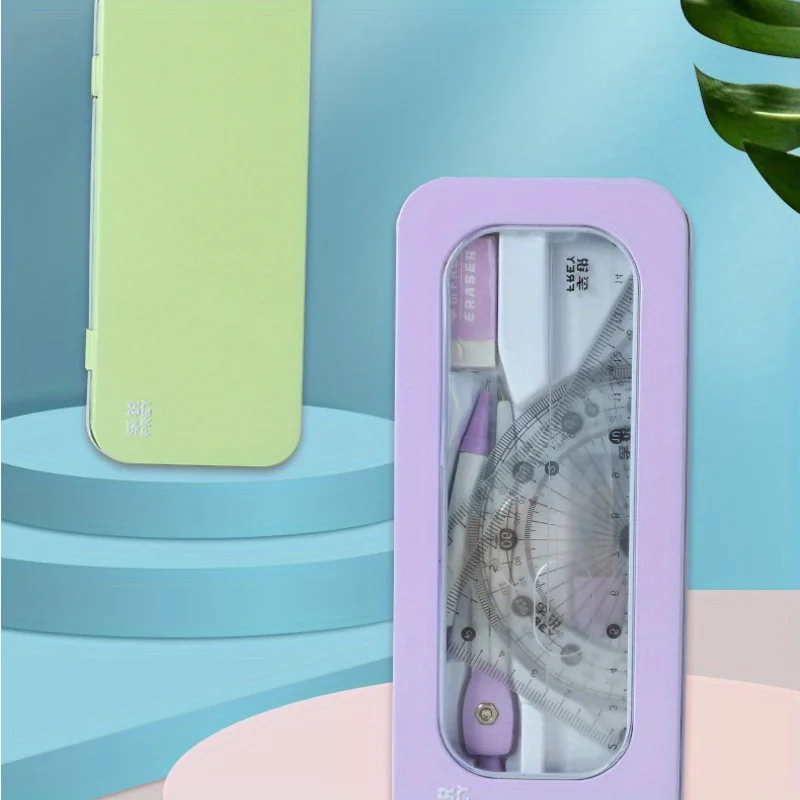 1 conjunto de ferramentas de medição e desenho 7 em 1 – adequado para estudantes, incluindo bússolas, transferidores, réguas e borrachas.