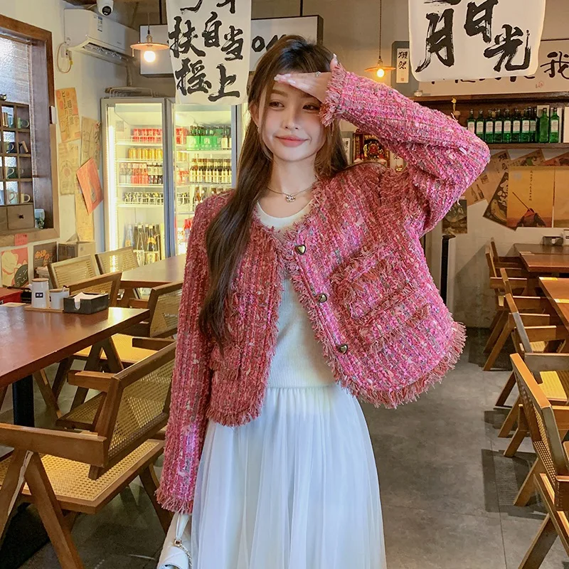 لقطة حقيقية مخصصة عالية الجودة تويد سترة قصيرة المرأة خريف شتاء معاطف الوردي