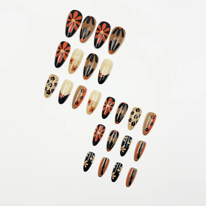 24 قطعة لون الشاي الحليب لطيف الأظافر وهمية البرتقال عباد الشمس المطبوعة الخريف الشتاء اضغط على الأظافر لامعة اللوز انفصال أظافر صناعية #3