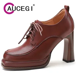 Aucegi 2024 Fashion Classic Style Women Pumps Genuine Leather High Heel Round Toe Lace Up Spring Autumn Comfort Casual Shoes