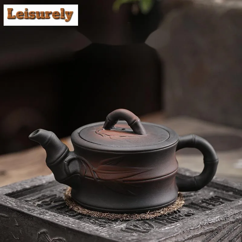 

140ml Chinese Qingxi Purple Pottery Frosted Teapot Handmade Relief Bamboo Knot Pot Tea Maker Kettle with Infuser Cafes Ornaments