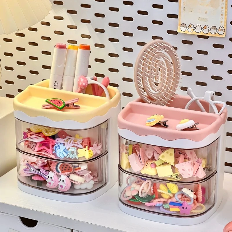 2-lagige Aufbewahrungsbox für niedliche Haaraccessoires für Kinder, Schmuck-Organizer, Kunststoff, transparent, Haarring-Display für Schminktisch