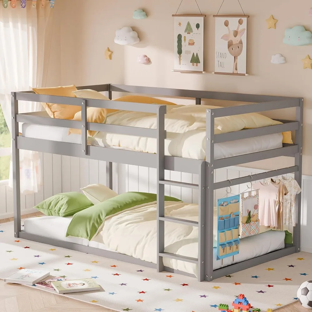 

Low Bunks Beds for Kids, Floor Bunk Bed Twin Over Twin, Wooden Bunk Bed Frame with Full Guardrails, Twin Bunk Bed for Bedroom