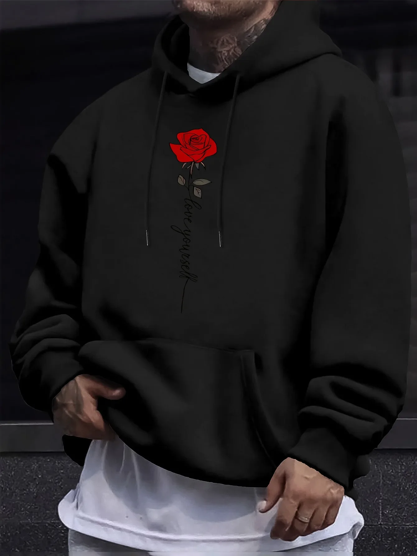 Vertical Script Red Rose Floral Graphic Hoodie Front Print Pullover Unisex Loose Fleece Lined Autumn Winter