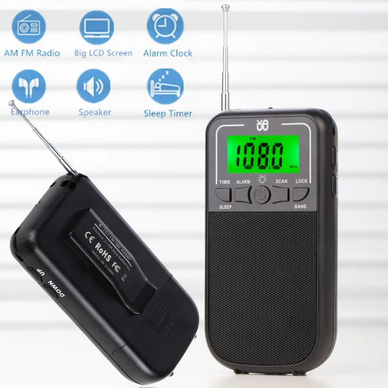 

Mini Portable Radio Pocket FM/AM/SW DSP Radio Receiver Built-in Speaker with LCD Backlight Display Alarm Clock Support Timed off