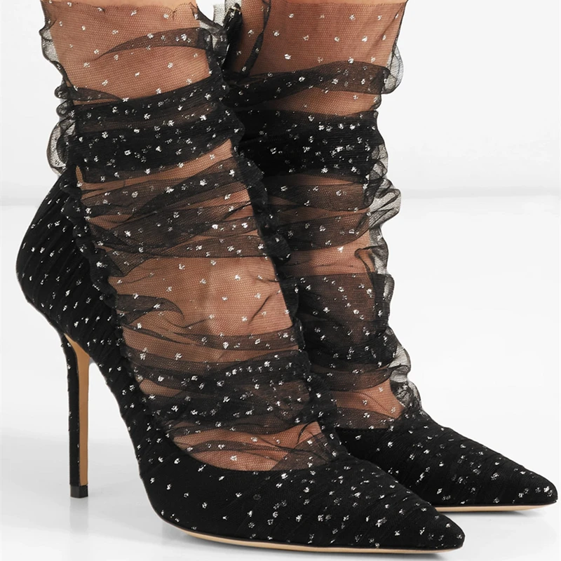 Sexy Ruffled Mesh Lace Covered Translucent Ankle Boots Pointed Toe Woman Dim Lace Summer Boots Thin High Heels Pumps