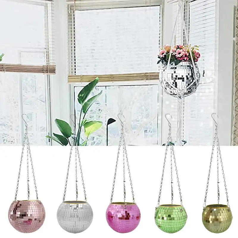 5 Colors Disco Ball Planter Basket Round Mirror Hanging Pot Vase Wall Hanging Planter Garden Decor For Indoor Outdoor Plants